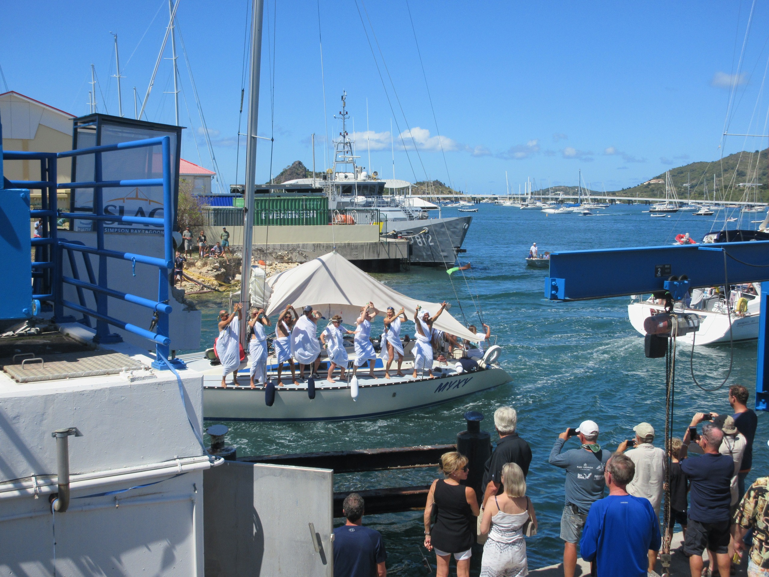 Entering the Simpson Bay bridge after completing the Heineken Regatta