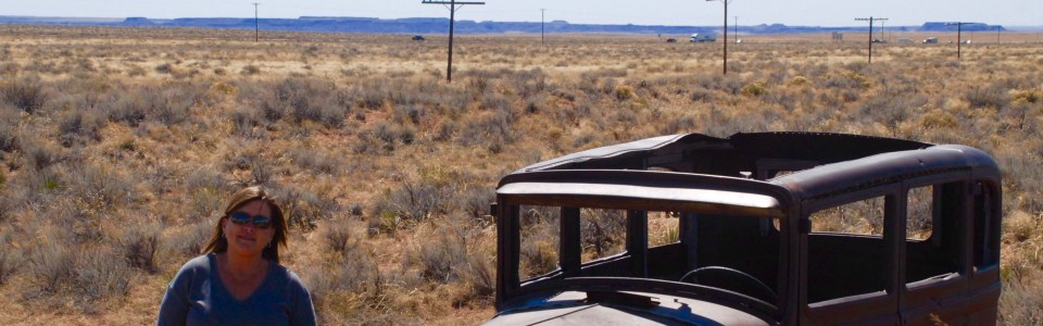 TJ next to the 1932 Cadillac on old Route 66